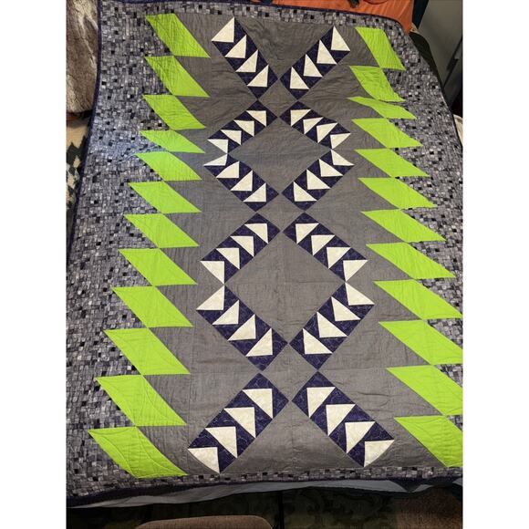 Handmade Modern 52x60 Quilt With Blue, Green And Gray Design. - Picture 3 of 11